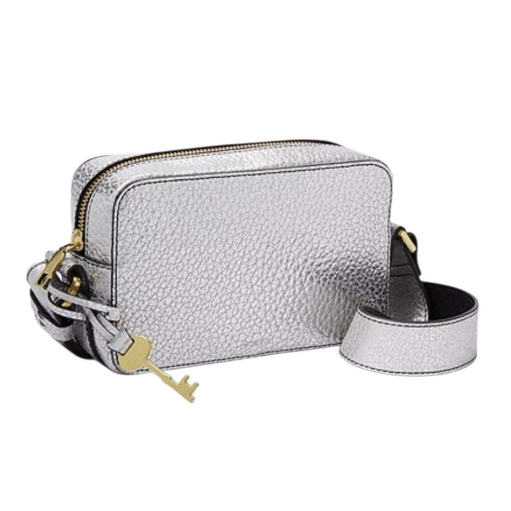 FOSSIL Billie Small Leather Crossbody SILVER Pebbled Strap Black Inside NWT $138